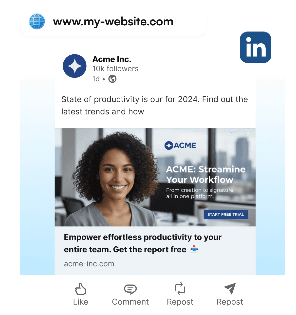 Diagram showing a website URL input converting to a fully formatted video ad displayed in a LinkedIn feed post.