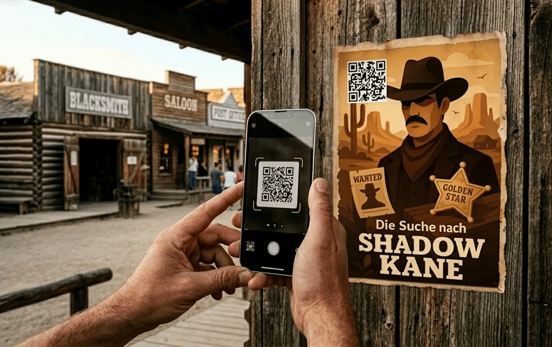 Ein Gast scannt mit einem Smartphone einen QR-Code auf einem Wildwest-Steckbrief