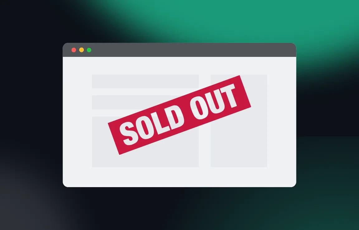 Illustration of a web browser window with a large red ‘SOLD OUT’ stamp across it, symbolizing tickets or products being unavailable, often due to bots buying them up.