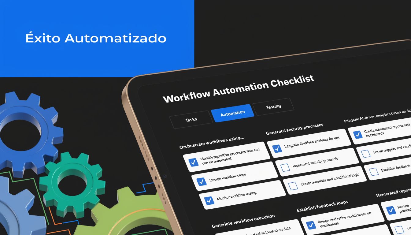Una tableta que muestra una lista de verificación de automatización de flujo de trabajo con engranajes digitales.