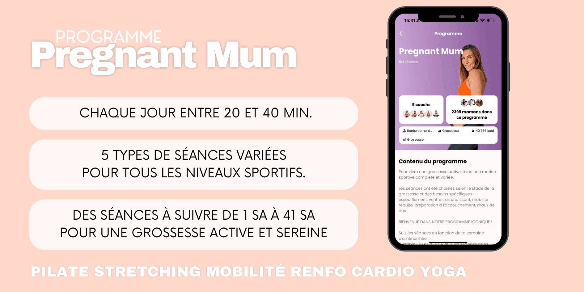 Aperçu du programme sportif Pregnant Mum sur l'application FitMum France pour rester en forme pendant 9 mois.