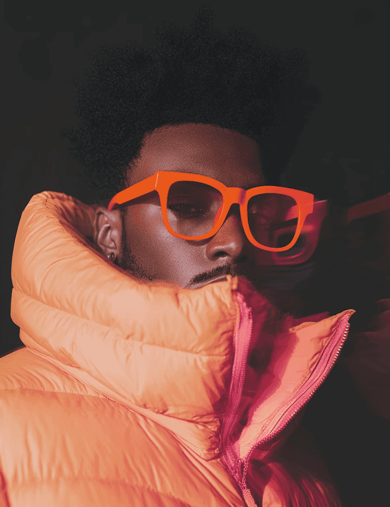 A person wearing bold orange glasses and an orange puffer jacket with a high collar, partially covering their face, against a dark background. Stylish and confident.