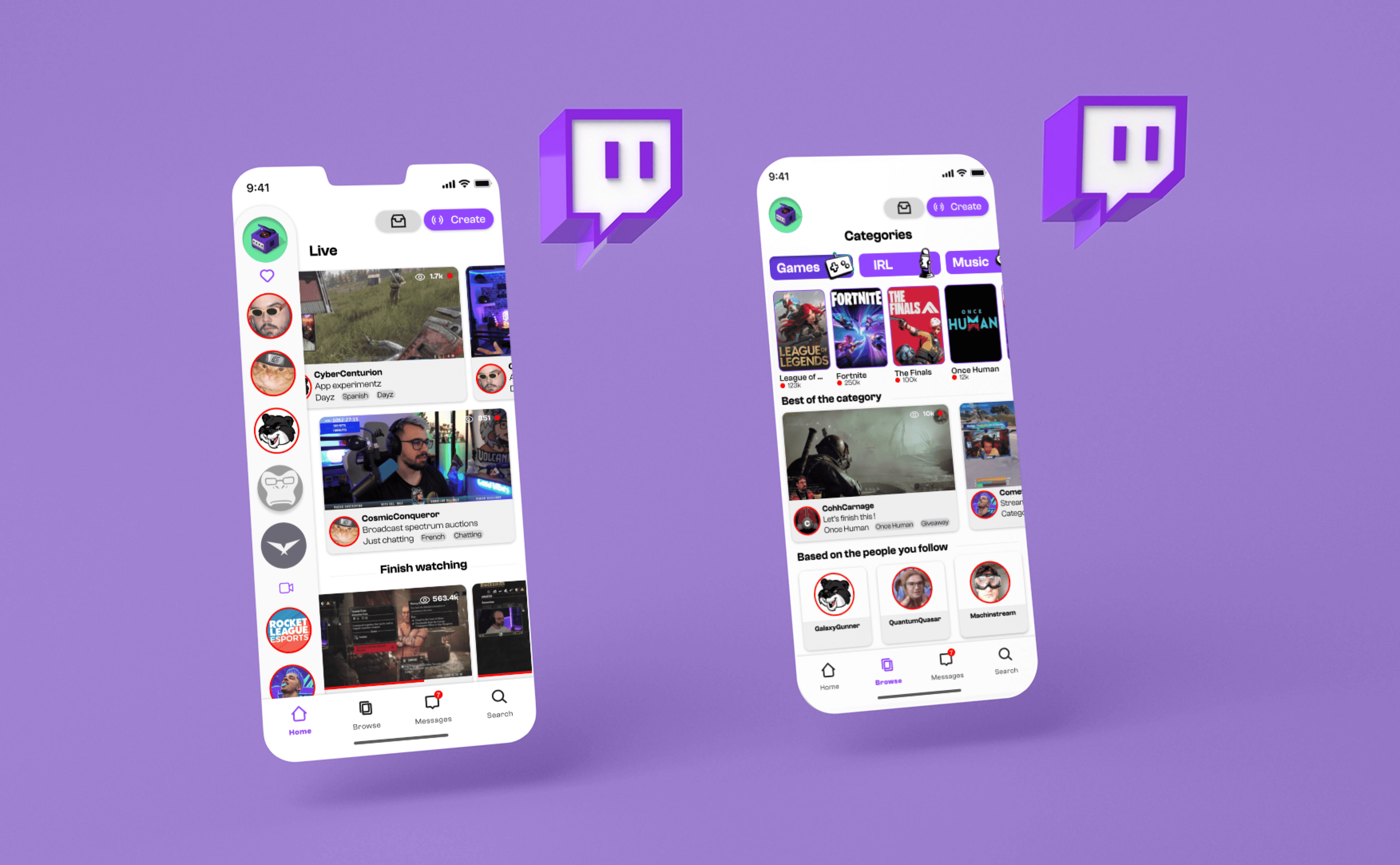 Une maquette représentant deux écrans de la nouvelle application Twitch redesignée.