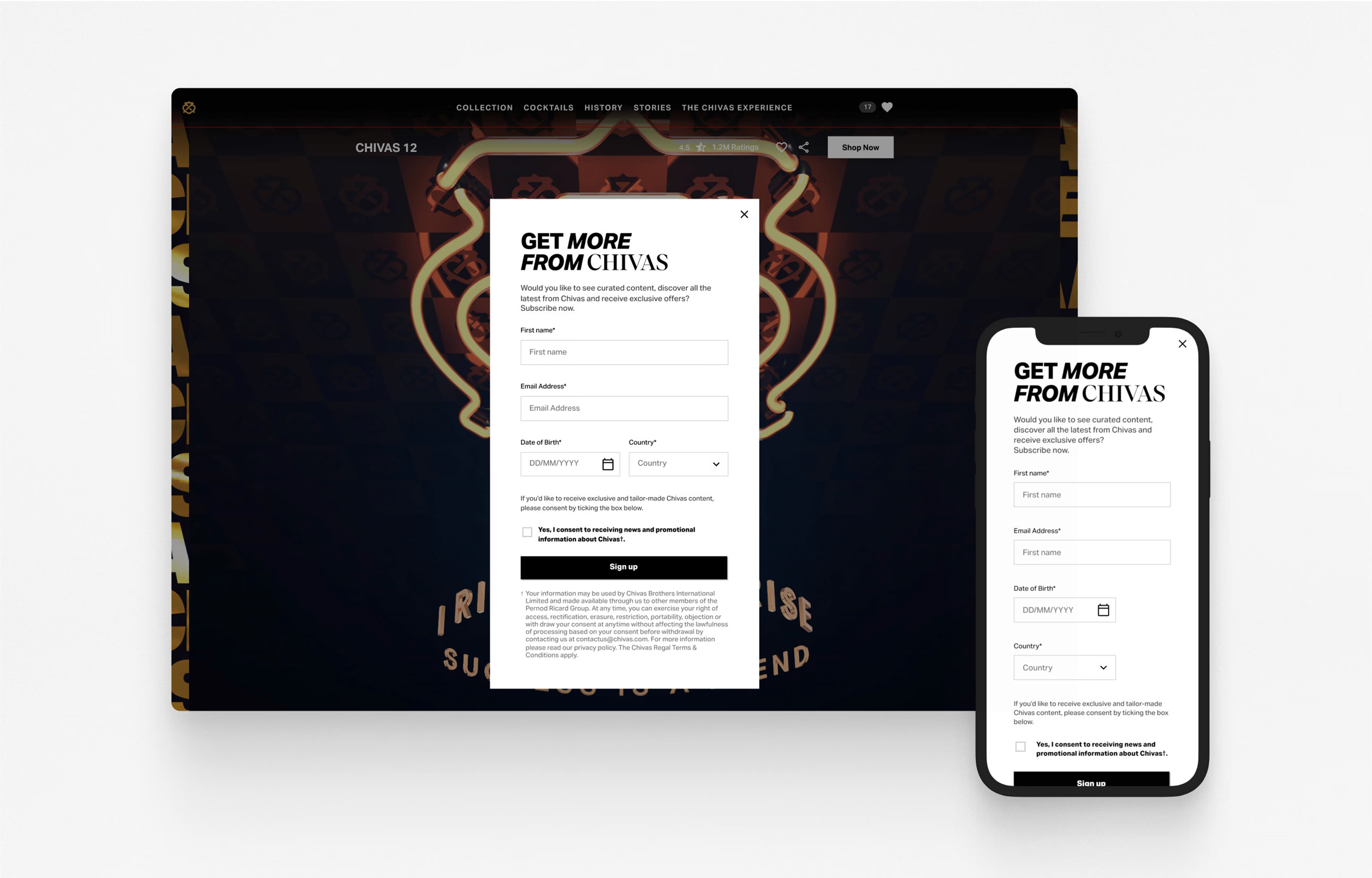 Responsive newsletter sign-up form design ('Get More From Chivas') displayed side-by-side on desktop and mobile viewports.