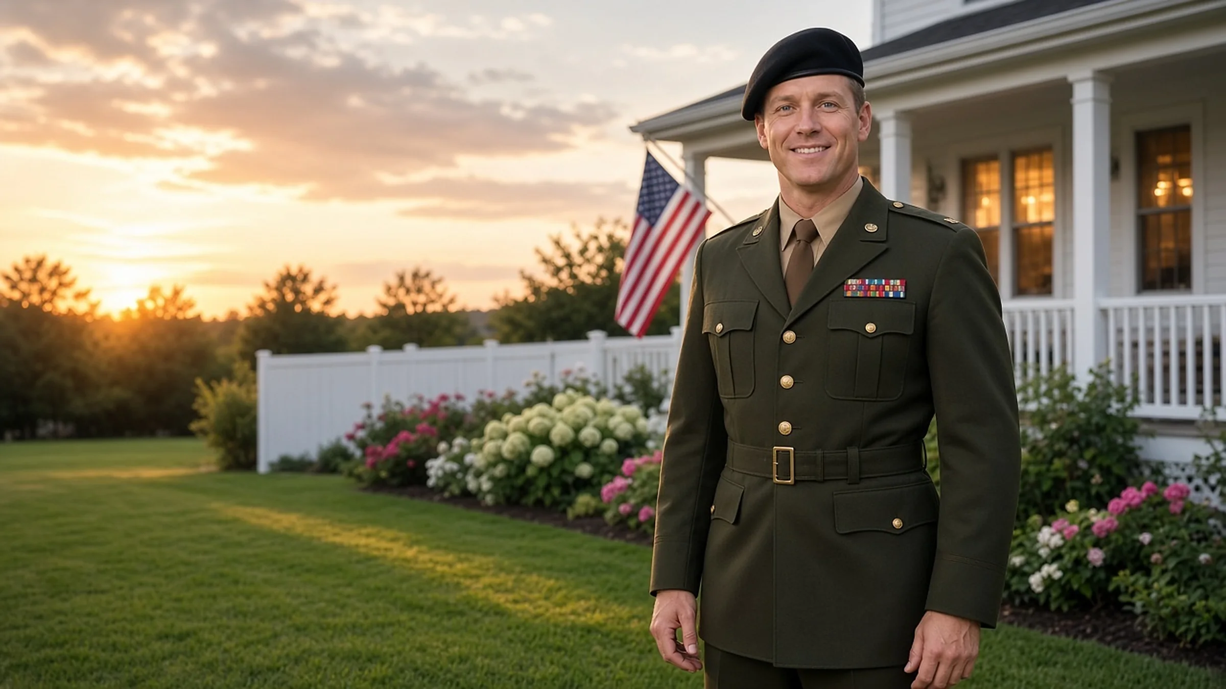 A veteran in dress uniform standing by a white vinyl fence in front of a home with an American flag
