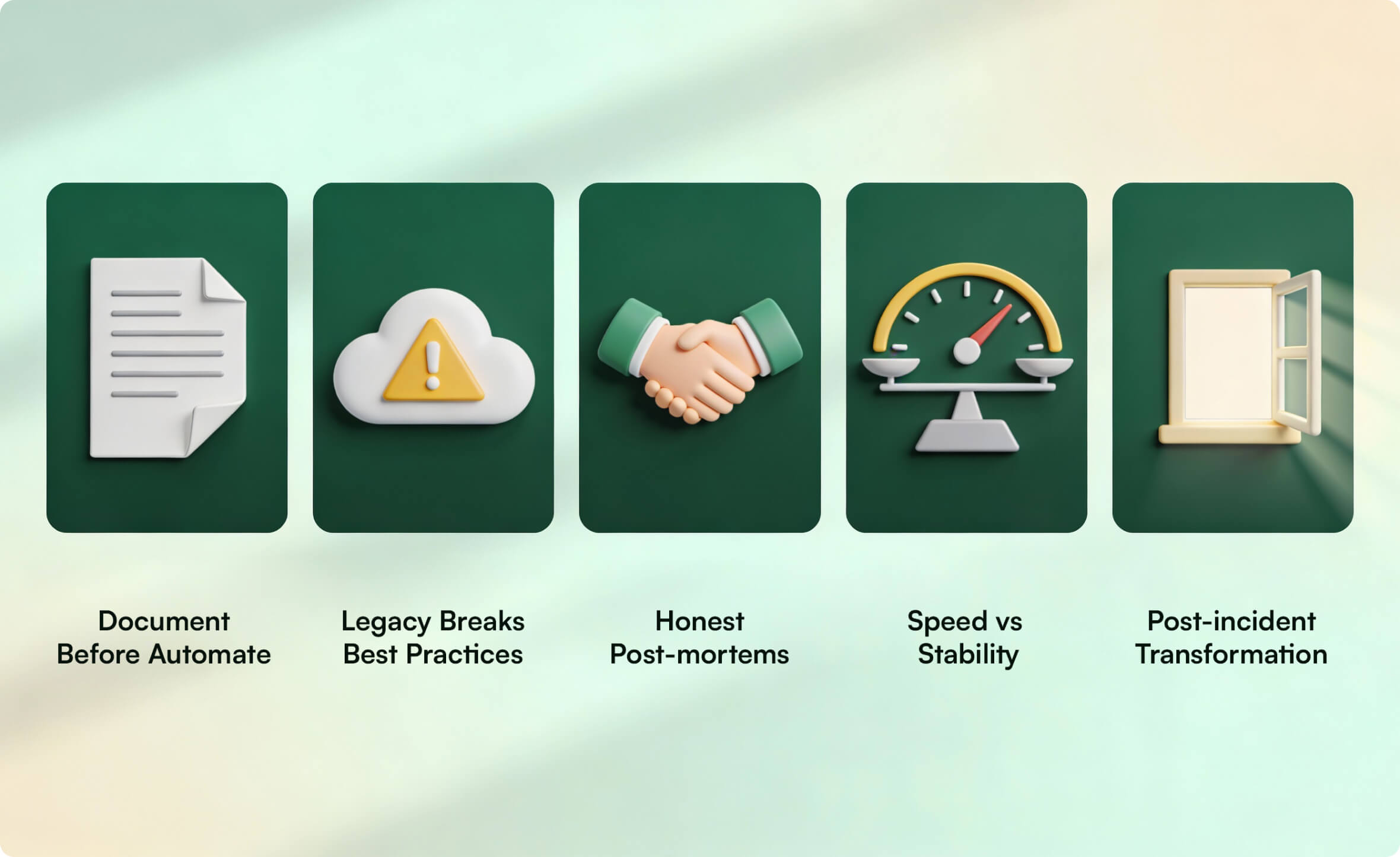 Five icons representing key lessons learned from the post-incident infrastructure transformation.