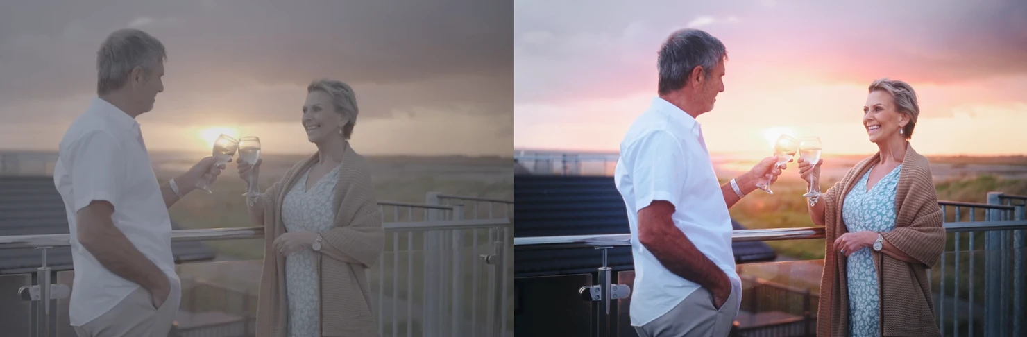 Before and After pictures showing the impact of colour grading on video content