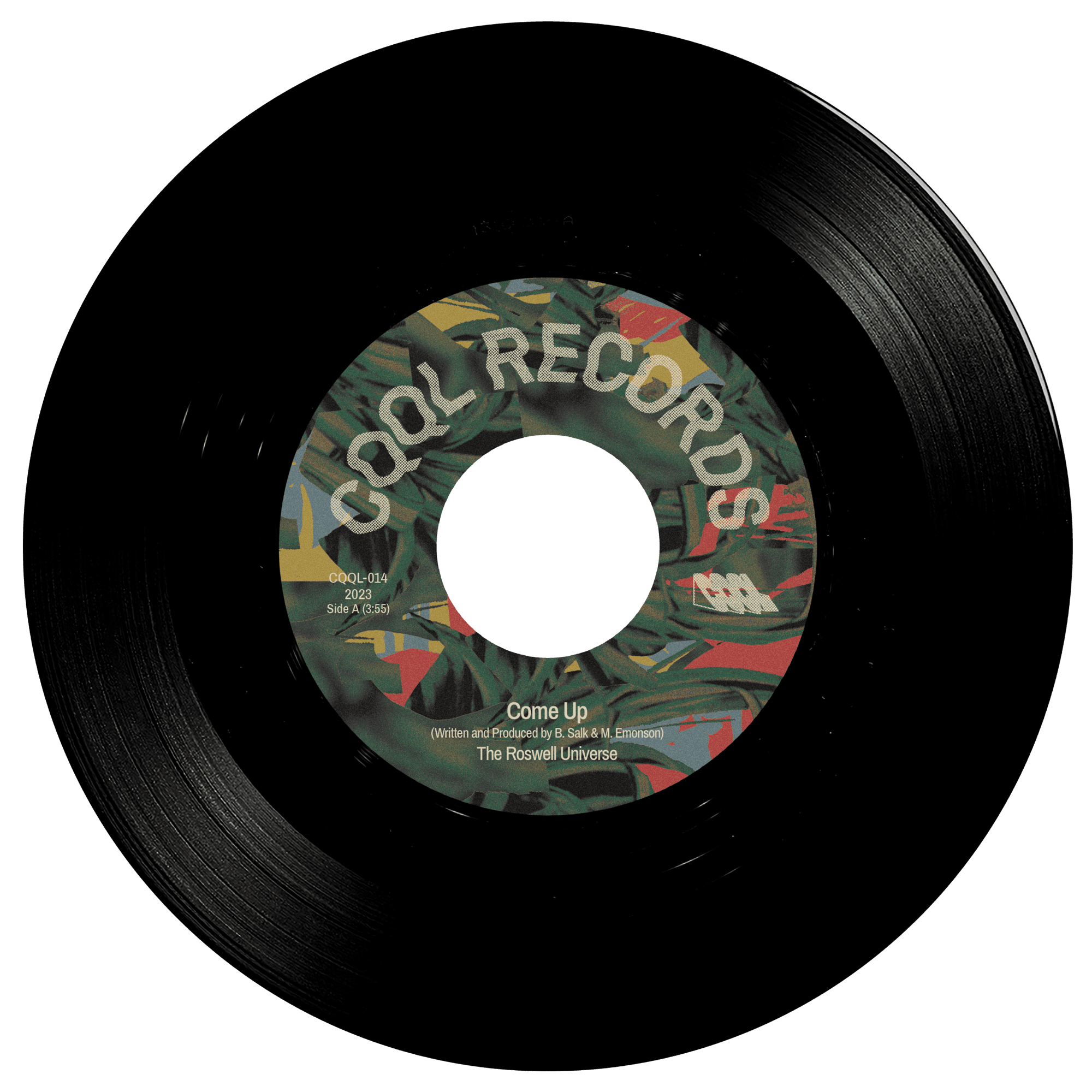 Vinyl record with a colorful label on a white background