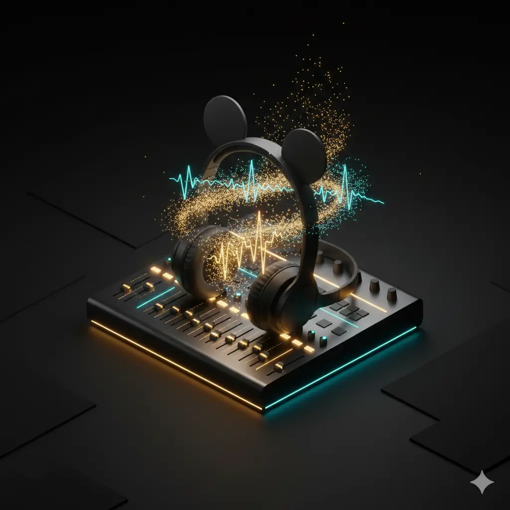 Black over-ear headphones with mouse-ear accents hover above an illuminated audio mixer as glowing soundwaves and golden particles swirl around them.