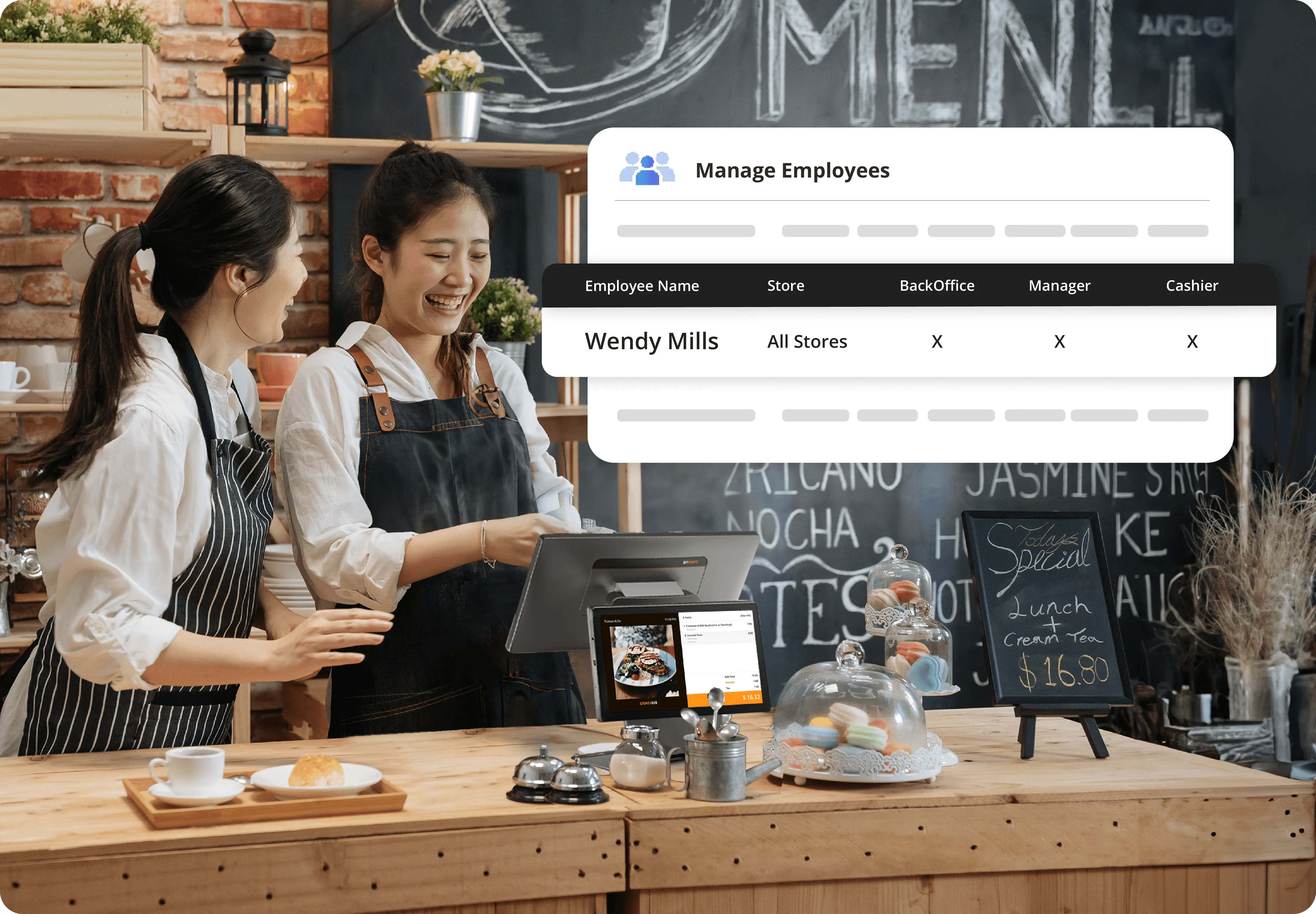 Two café staff using StoreHub POS while managing employee roles and access permissions.