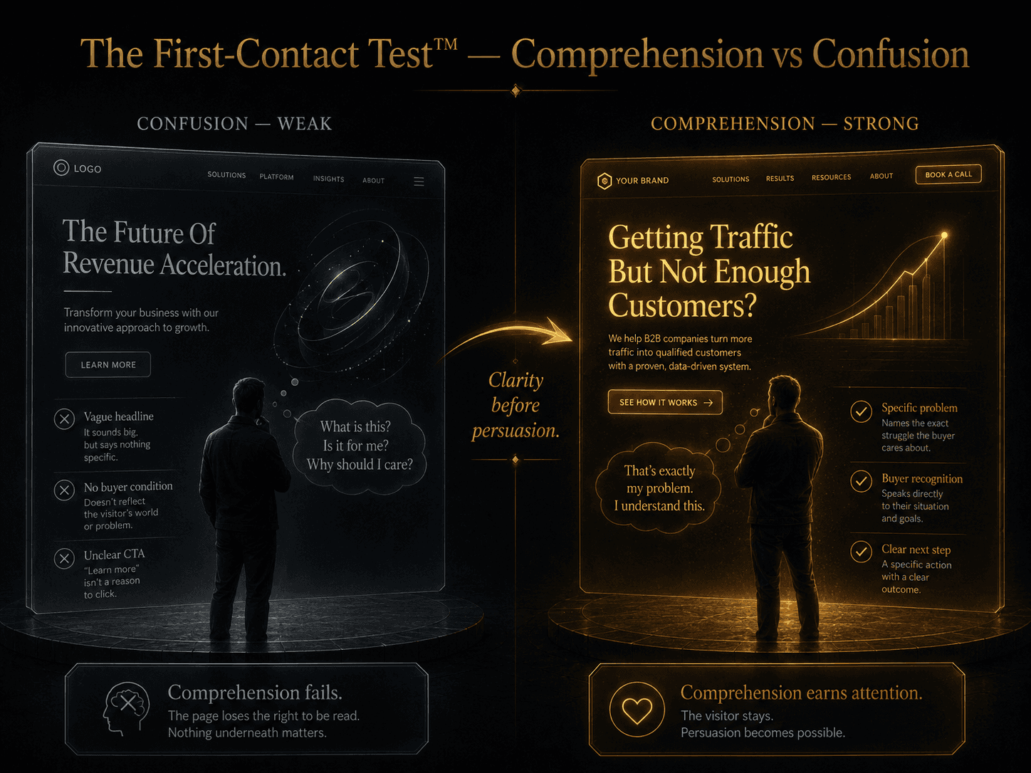 “The First-Contact Test™ — Comprehension vs Confusion” Concept: A split-screen comparison showing two hero sections and their visitor reactions.  Left side (Confusion — Weak): A beautifully designed hero section with a clever but unclear headline: “The Future Of Revenue Acceleration.” The visitor silhouette looks confused, tilted head, thought bubble: “What is this? Is it for me? Why should I care?” The page is desaturated grey — beautiful but incomprehensible. Label: “Comprehension fails. The page loses the right to be read. Nothing underneath matters.”  Right side (Comprehension — Strong): A clean hero section with a clear, specific headline: “Getting Traffic But Not Enough Customers?” The visitor silhouette nods, engaged, thought bubble: “That's exactly my problem. I understand this.” The page is warm gold — clear and inviting. Label: “Comprehension earns attention. The visitor stays. Persuasion becomes possible.”  A curved arrow points from left to right with the word: “Clarity before persuasion.”  Style: Dark charcoal background. Left side: desaturated grey, beautiful but confusing. Right side: warm gold/amber, clear and engaging. The contrast is stark.  Interaction: Hovering the left side reveals each comprehension failure (vague headline, no buyer condition, unclear CTA). Hovering the right side reveals each clarity win (specific problem, buyer recognition, clear next step). A slider transitions from “Confusion” to “Comprehension.”