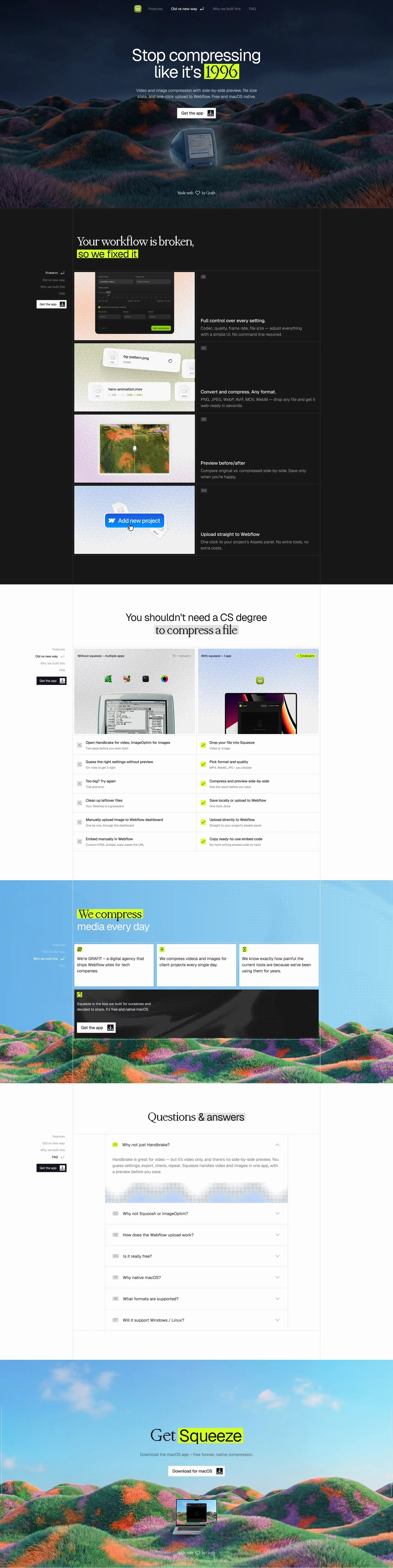 Squeeze – Video & Image Compression for portfolio page screenshot showcasing Design and Tech design