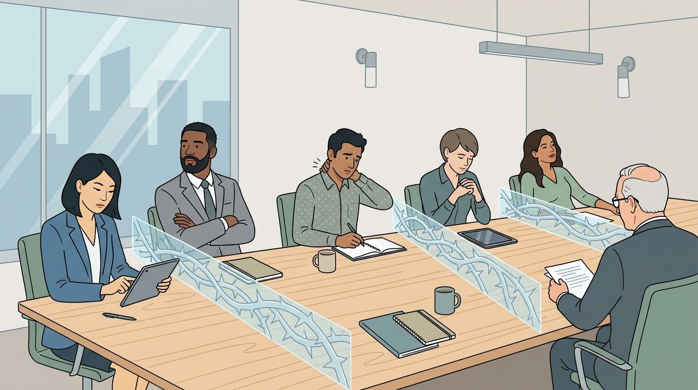 A corporate meeting where employees are separated from each other and a supervisor by glass partitions with sharp thorns.
