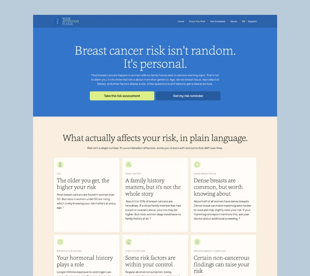 User interface design showing a clear, approachable risk factor section using plain language and icon-led cards to simplify complex health information.
