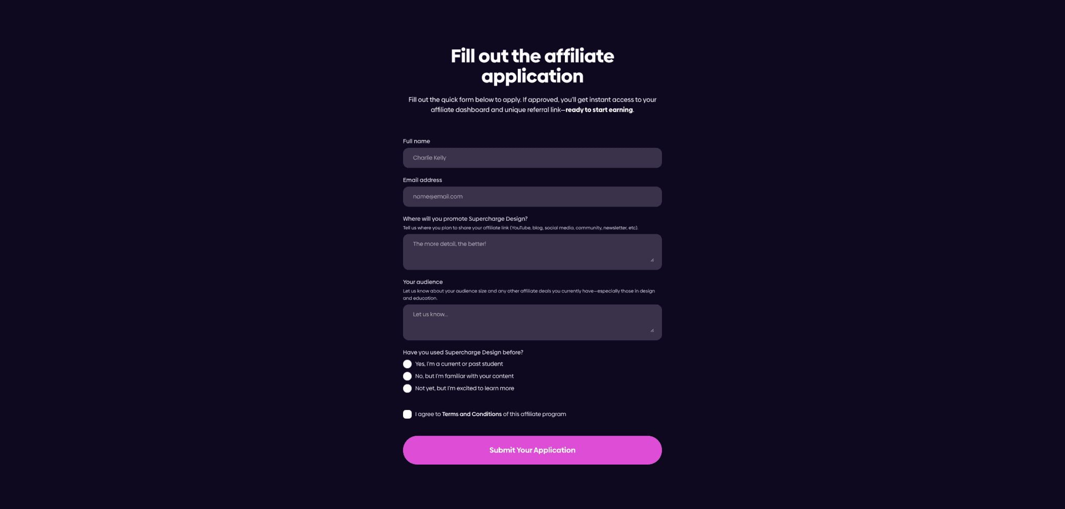 Affiliate application form titled “Fill out the affiliate application,” featuring fields for name, email, promotion details, audience description, prior experience options, a terms agreement checkbox, and a “Submit Your Application” button.