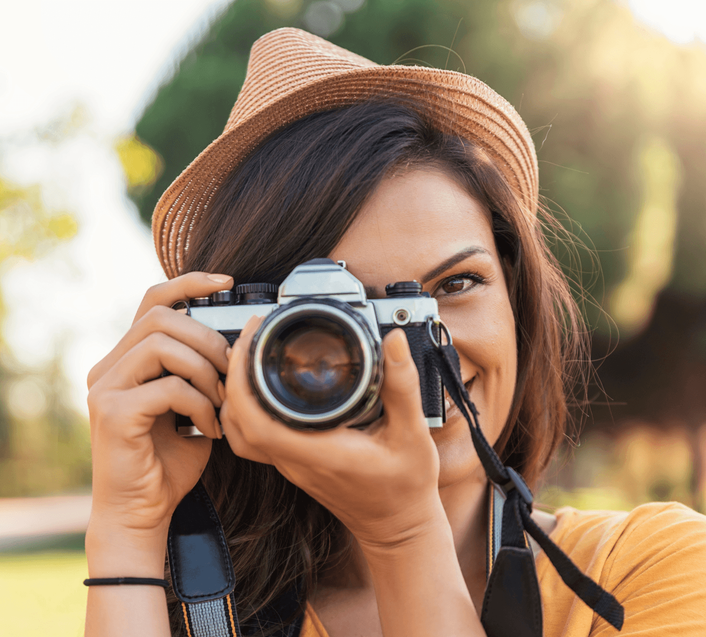 Woman in a hat taking a photo with a DSLR camera, representing photos ready for Momentka printing