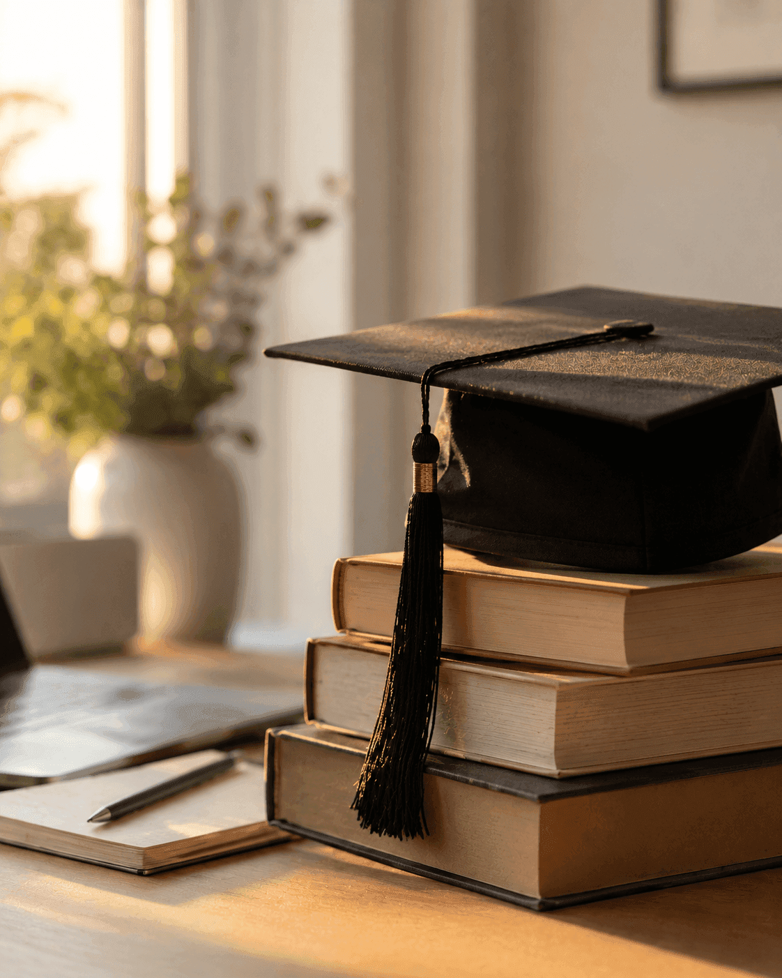 Graduation cap resting on a stack of books beside a desk with a notebook