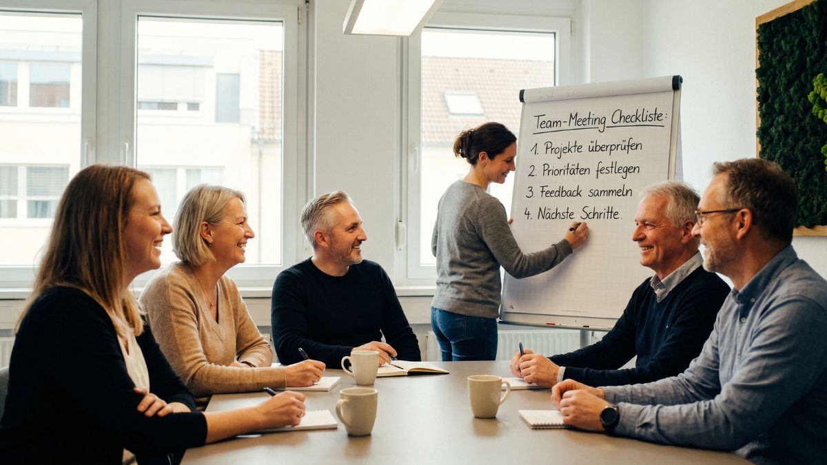 Teammeeting zur psychischen Gefährdungsbeurteilung in einem KMU-Besprechungsraum