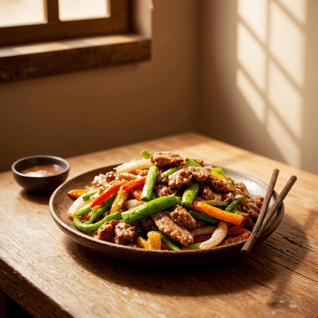product photography of a plate of stir-fried meat and vegetables