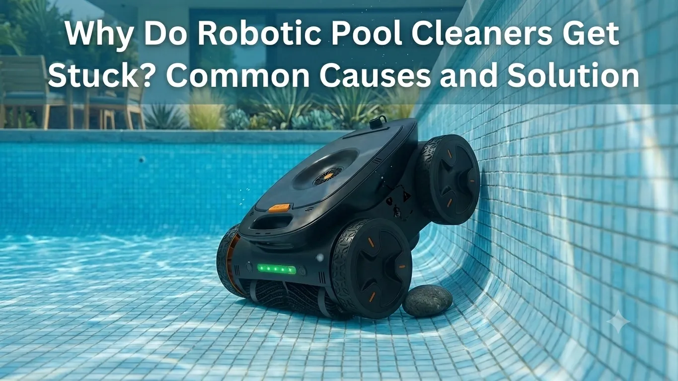 Robotic pool cleaner stuck near a pool corner during operation