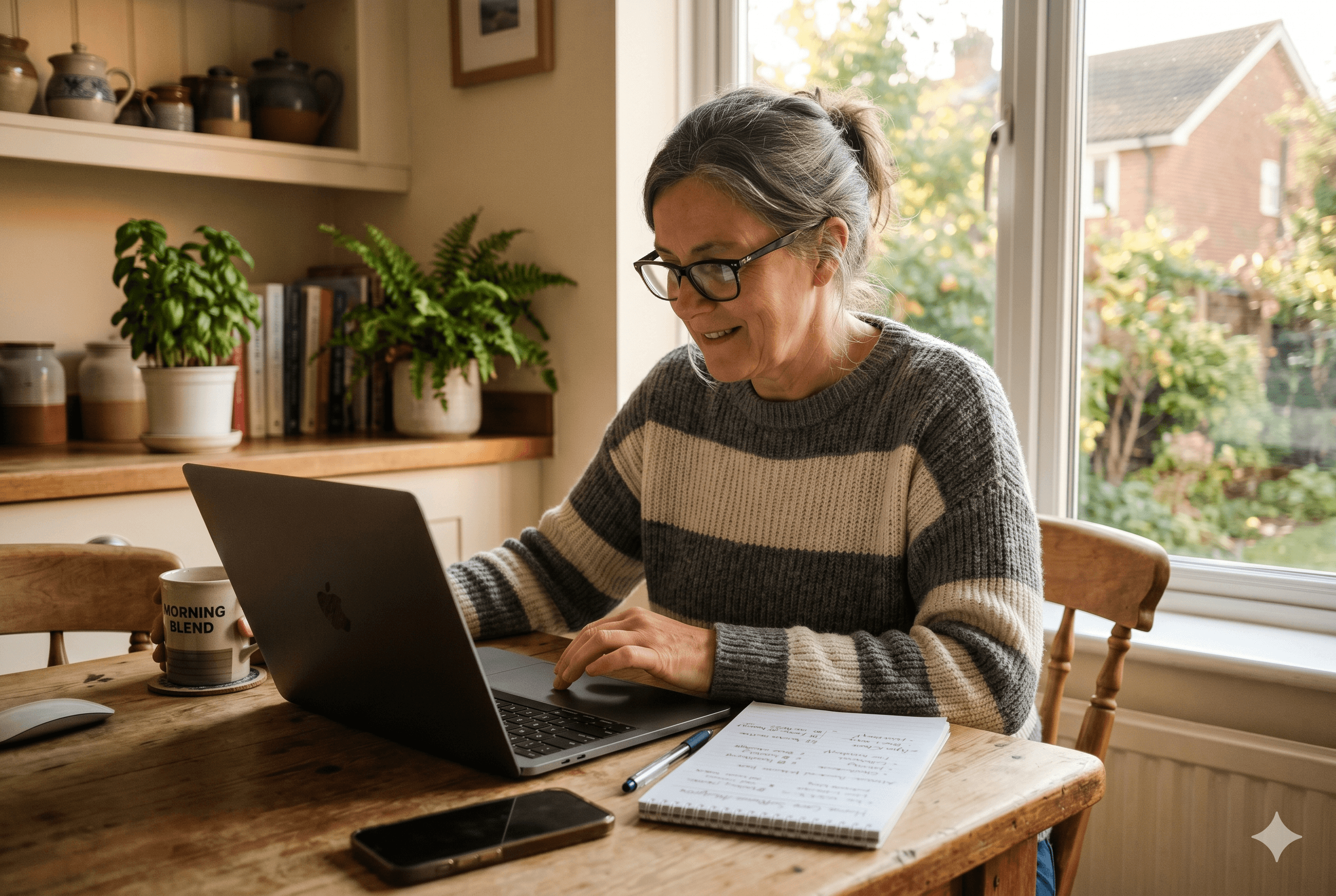 A home care agency owner in her early 50s sitting at a kitchen table with a coffee mug, scrolling through a software comparison page on a laptop. Reading glasses on, notepad with handwritten notes beside the keyboard. Morning light through a window. Shot on Fujifilm X-T4, aspect ratio 3:2.