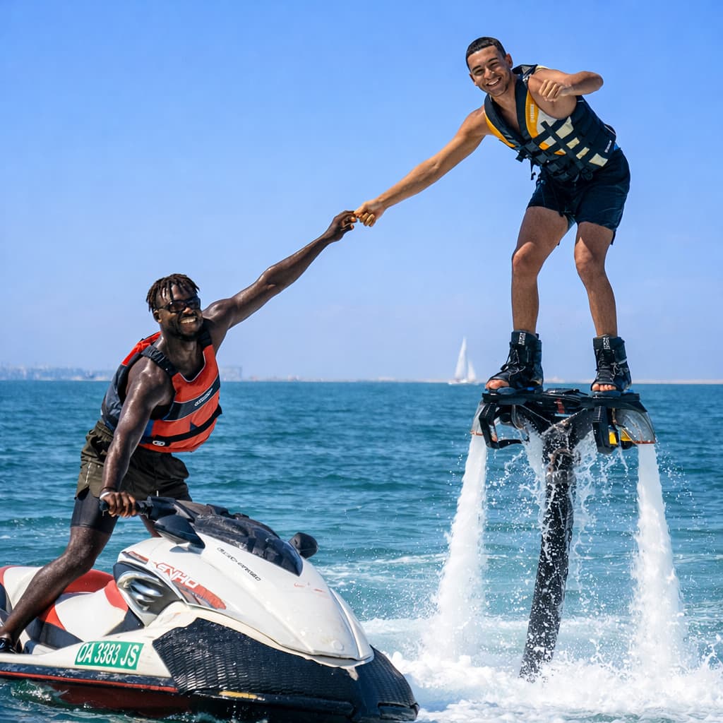 A man on a jet ski and a man on a flyboard posing together for a photo during things to do in Dubai with family.