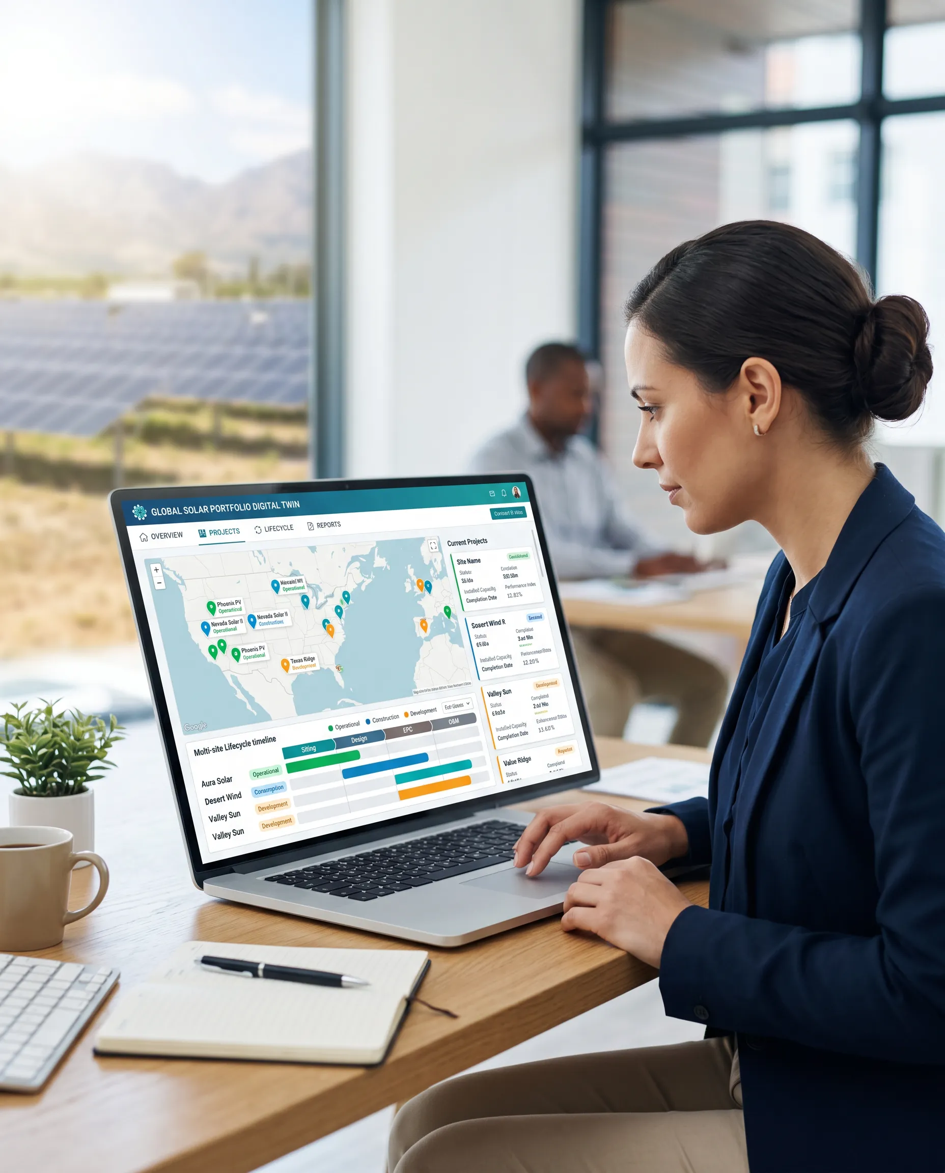 A woman works on a laptop displaying a global solar operations dashboard, seated at a desk in a bright office with solar panels visible outside the window.