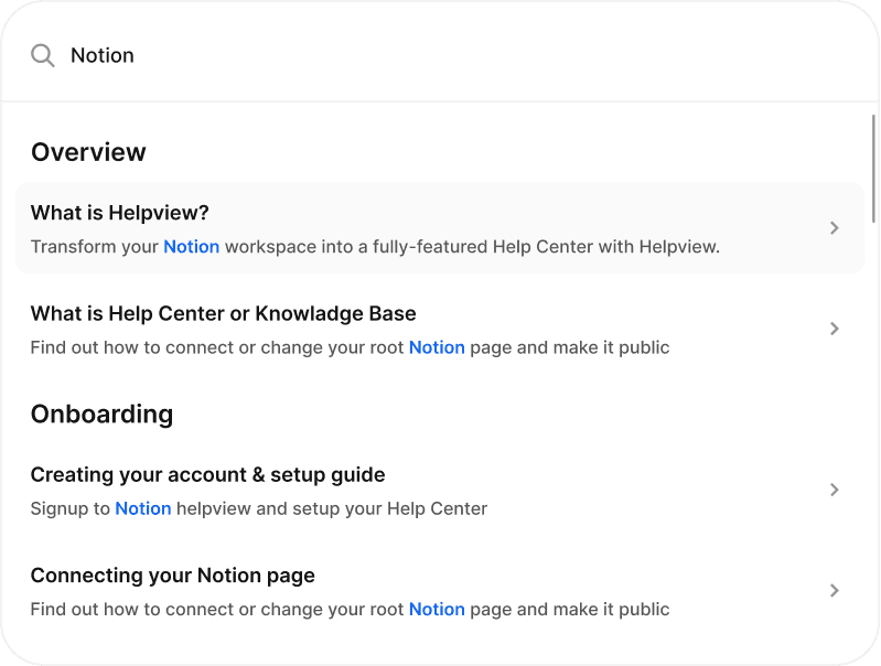 Helpview help center search showing results from a Notion based knowledge base.