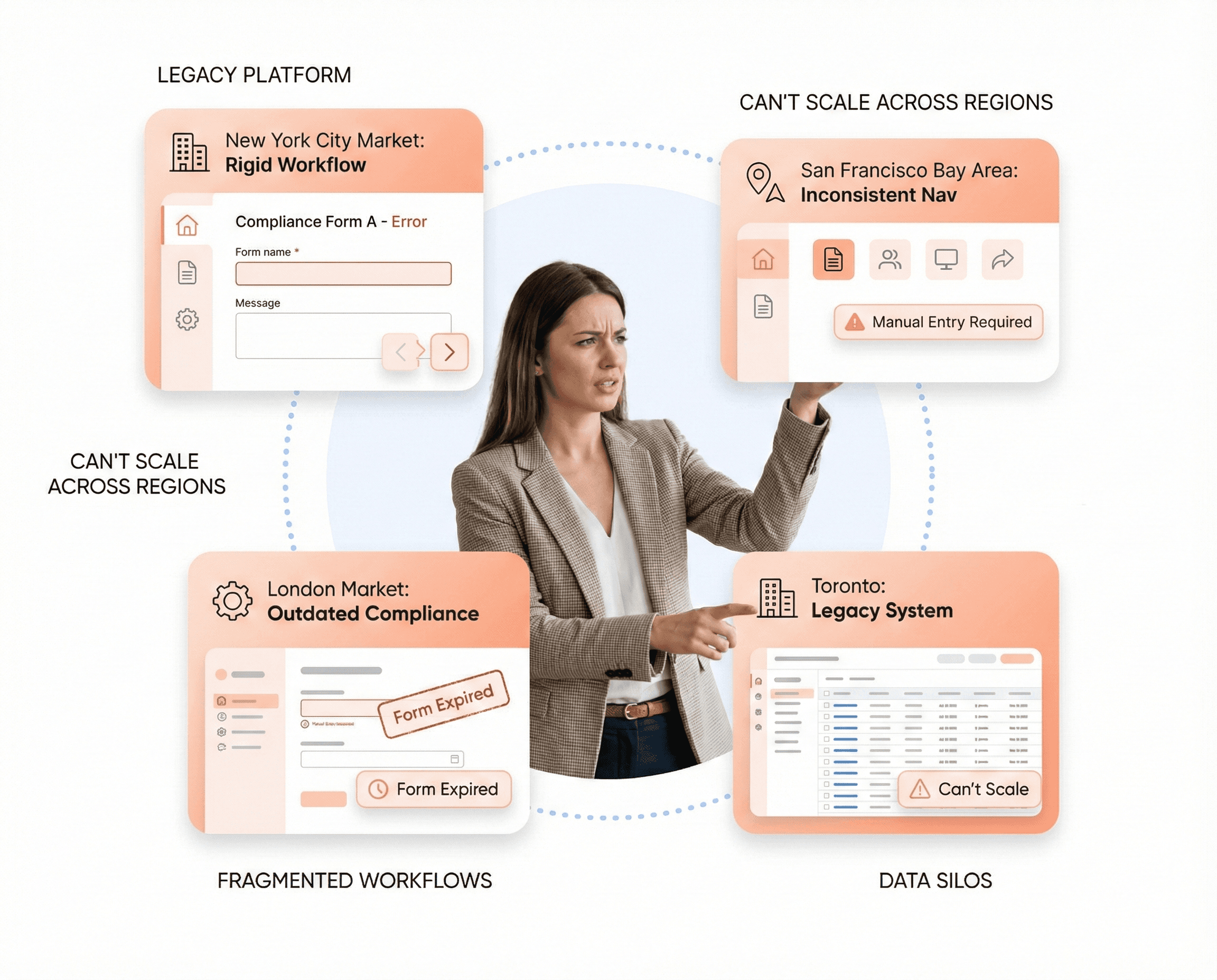 Legacy property management software showing inconsistent workflows, fragmented market-specific processes, and poor scalability across multiple metropolitan regions