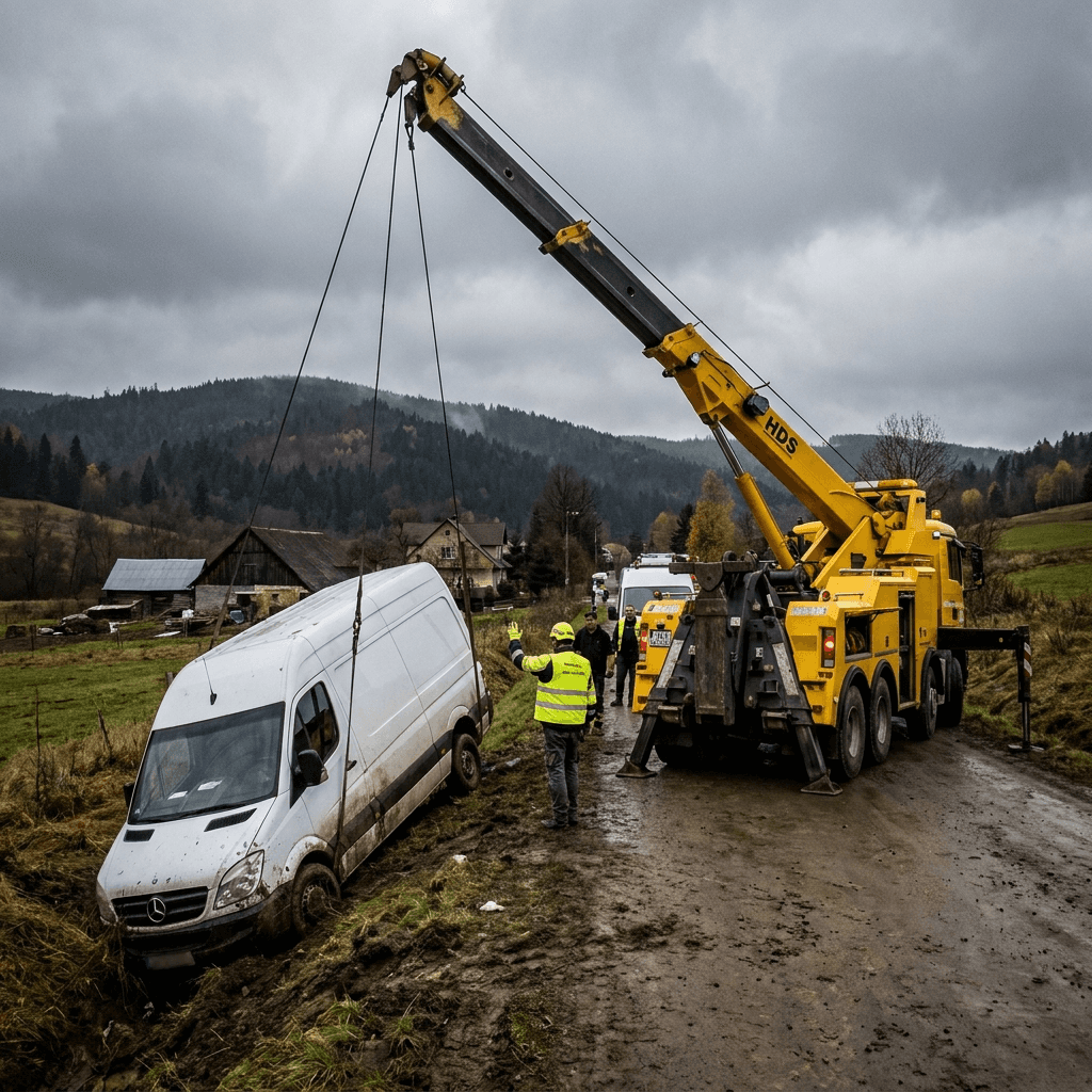 wyciąganie TIR-a z rowu za pomocą dźwigu HDS
