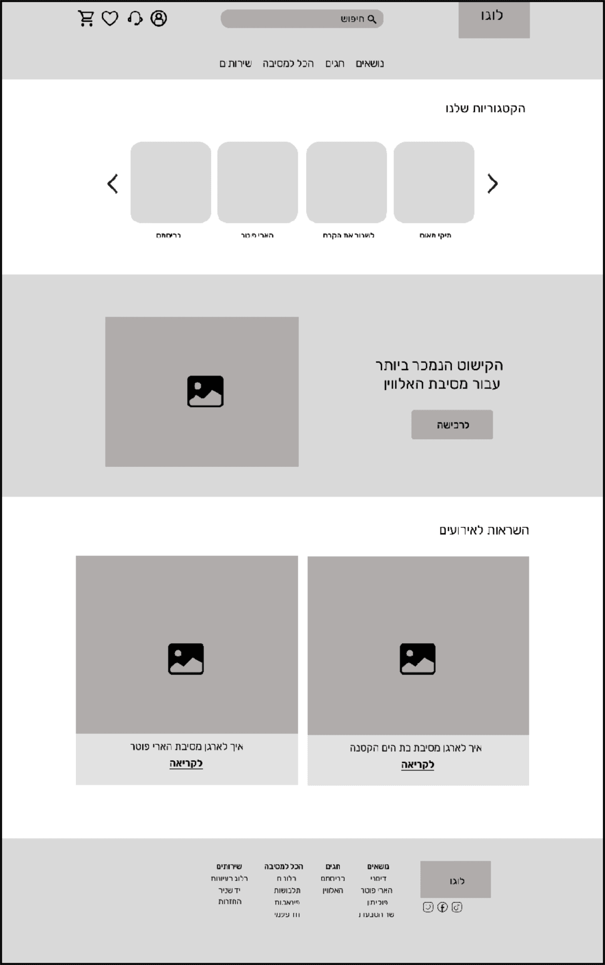 Wireframe of the homepage with featured products and promotional sections