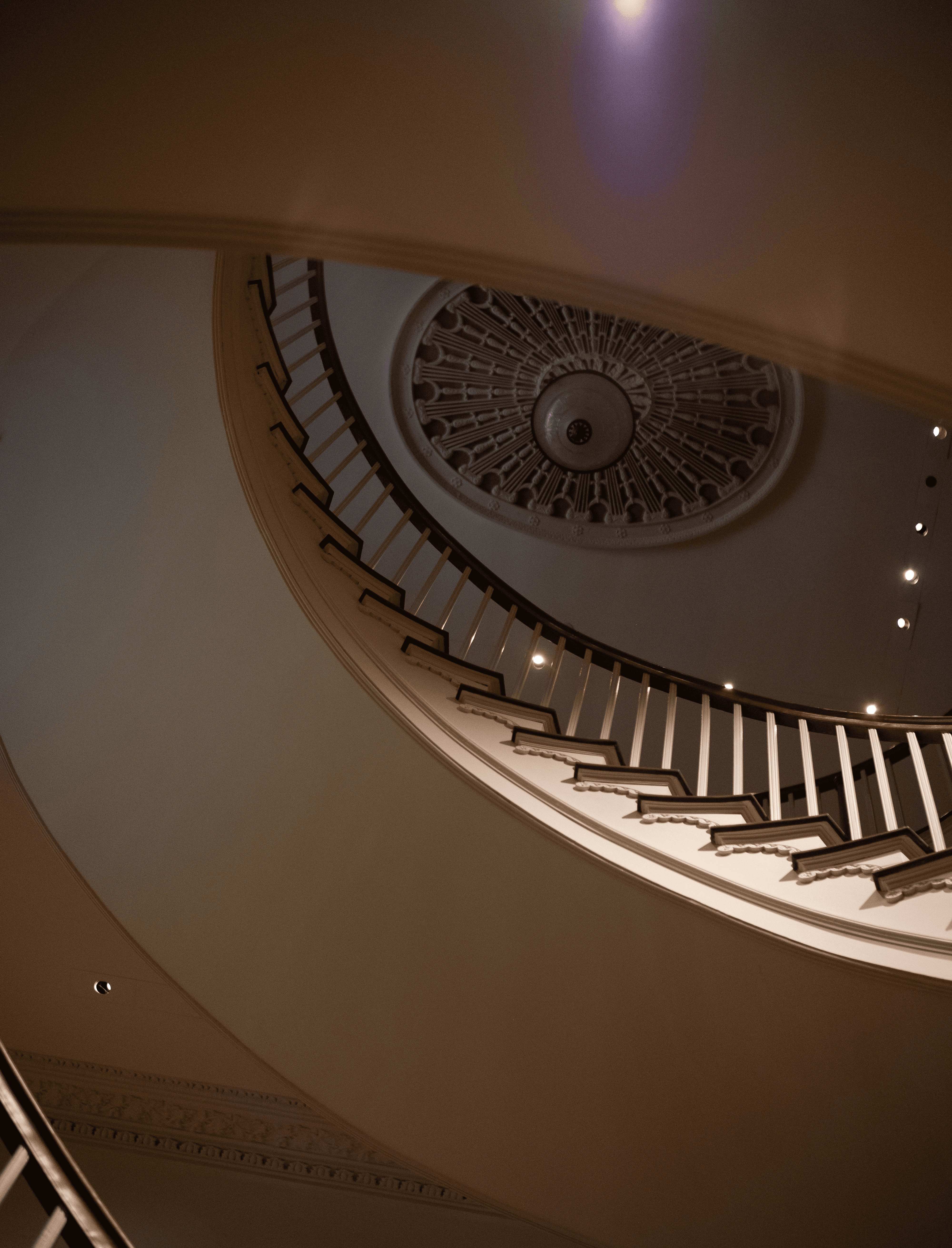 Elegant spiral staircase with ornate ceiling detail