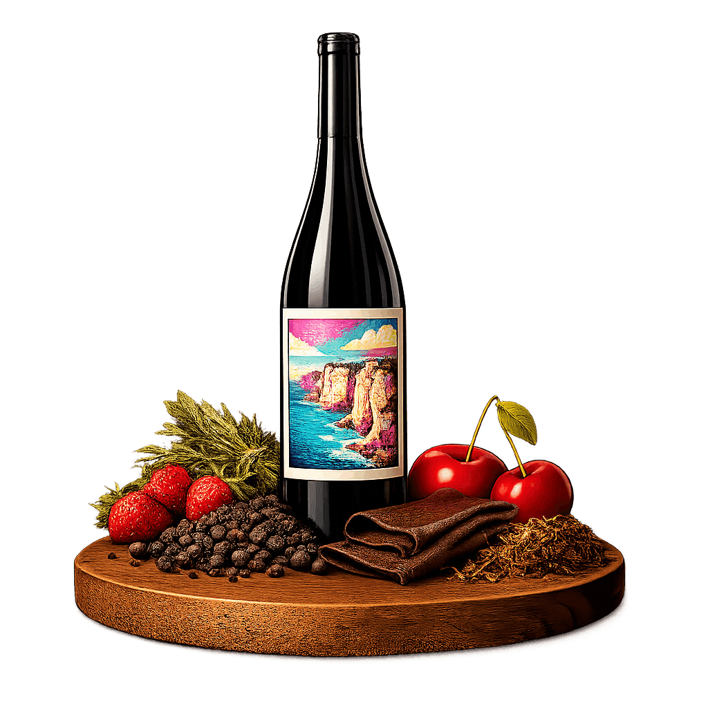 Artistic label and flavor profile for Corsican Red on a rustic wooden table.