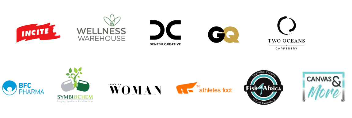 client logos for incite Marketing, Wellness Warehouse, Dentsu Creative, GQ magazine, Two Oceans Carpentry, BFC Pharma, Symbiochem, Emirates Woman, The Athletes Foot, Fish4Africa, Canvas&More