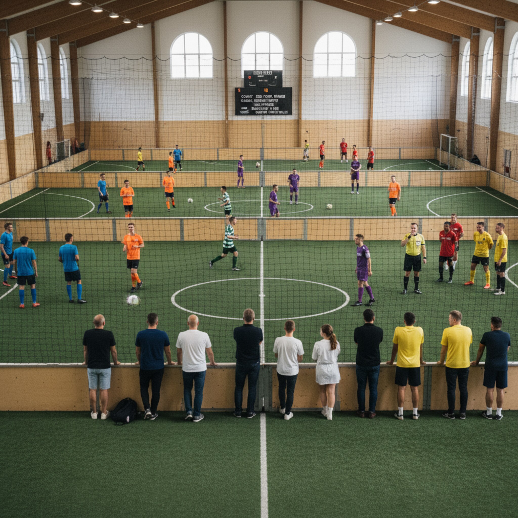 Mehrere Courts nebeneinander, auf jedem wärmen sich Teams in unterschiedlichen Trikotfarben auf. Eine Tafel am Rand zeigt die Paarungen des Spieltags, ein Schiedsrichter pfeift an. Zuschauer lehnen entspannt an der Bande. Die Halle wirkt lebendig, zugleich geordnet und gut strukturiert.