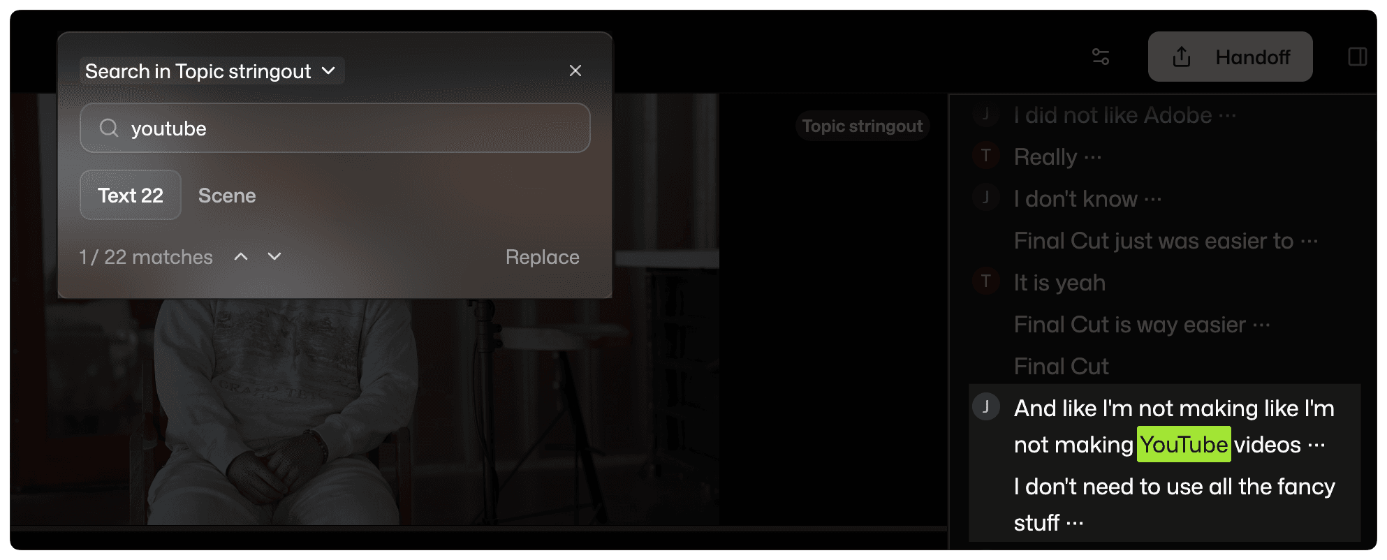 text search of video footage in selects ui for ai videoe editing