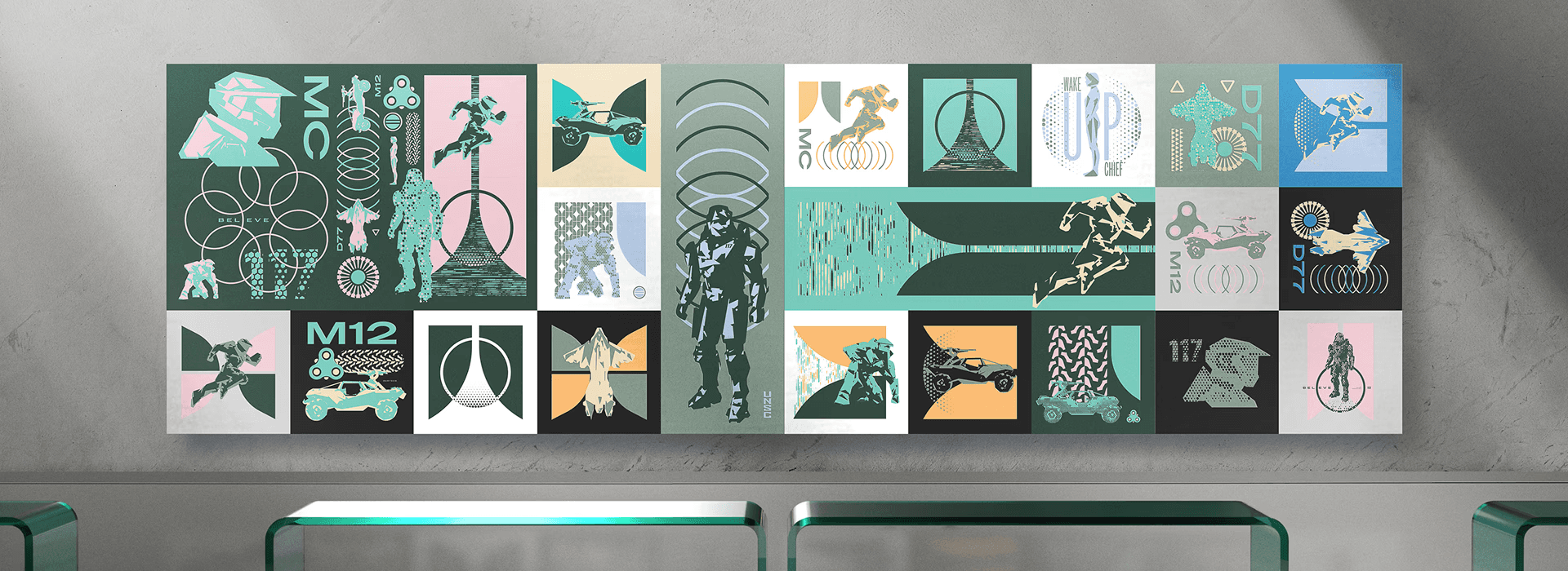 A wide marketing poster of a mosaic of graphic designs for Halo Infinite Merchandise
