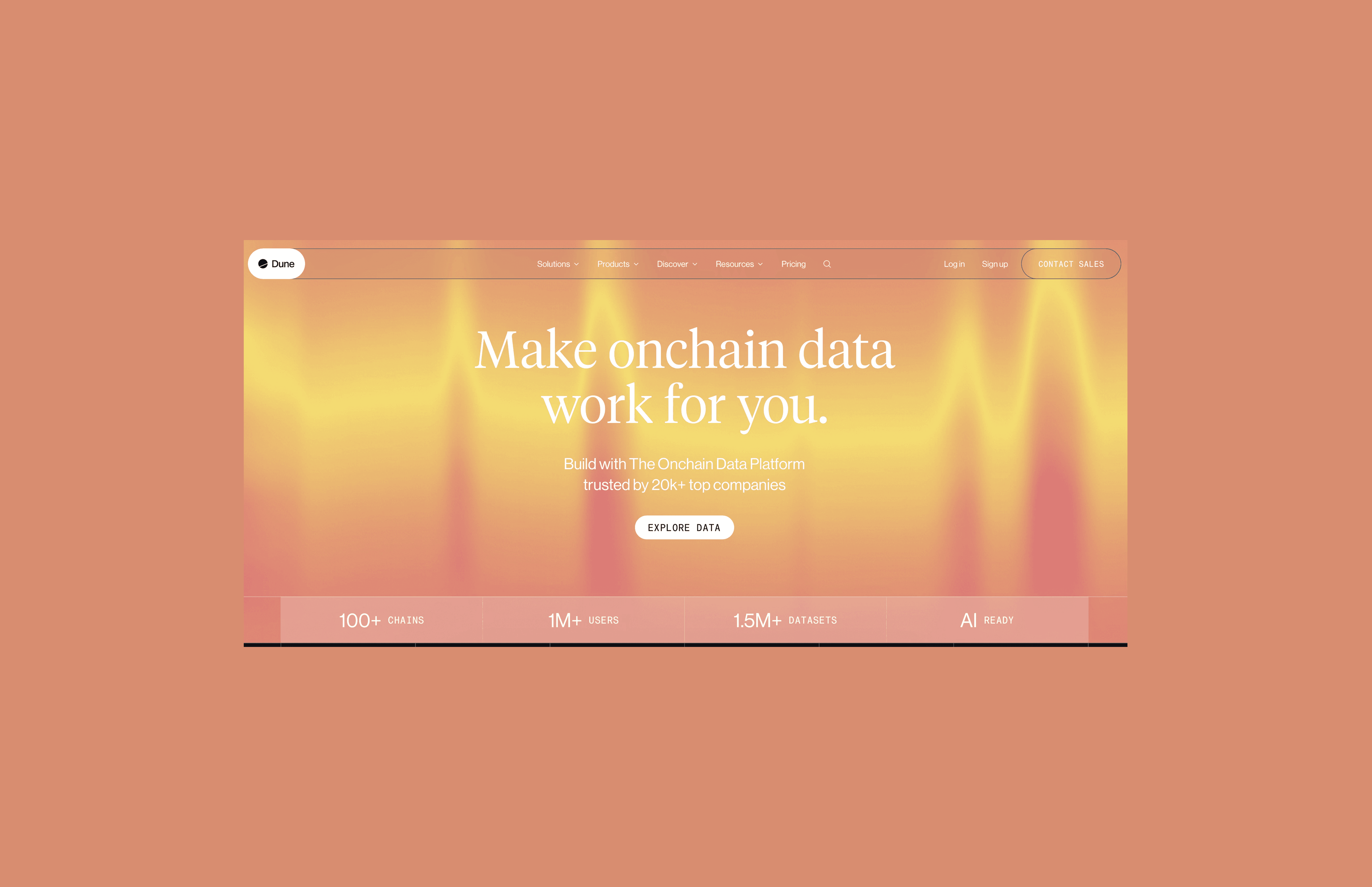 Dune Analytics onchain data platform covering 100+ chains and 1.5 million datasets, used by analysts to build custom blockchain dashboards