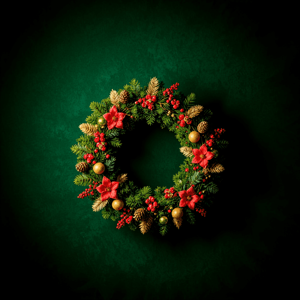 product photography of a decorative Christmas wreath with festive elements