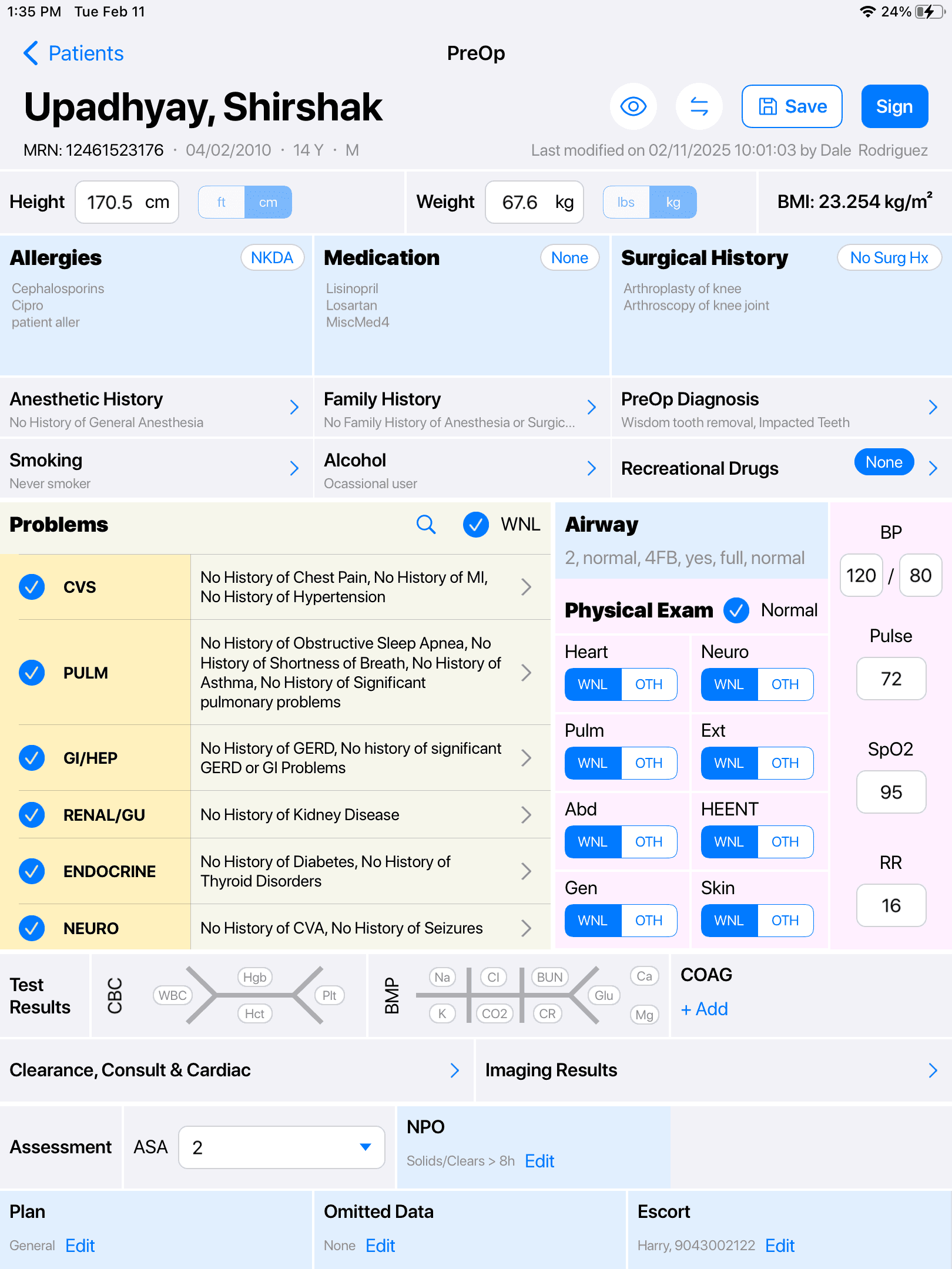 A medical record interface showing patient information tabs including Allergies, Medications, Problems, and Surgical History