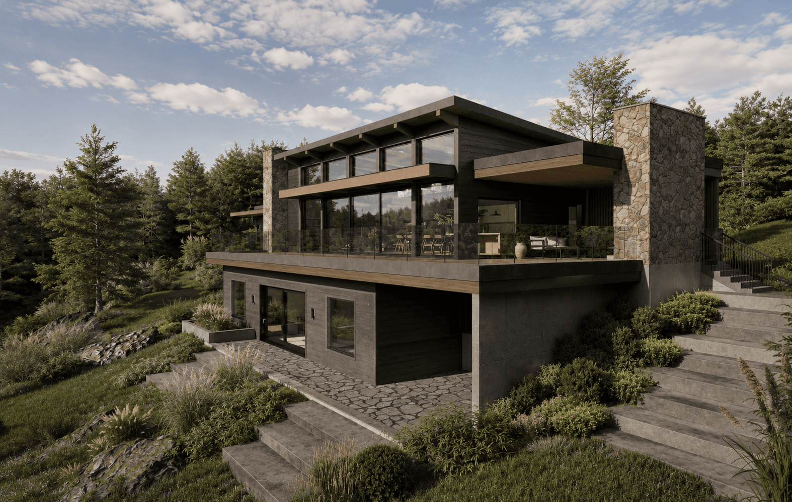 Modern custom home surrounded by mature trees with minimalist architecture, natural stone accents, and integrated landscape design