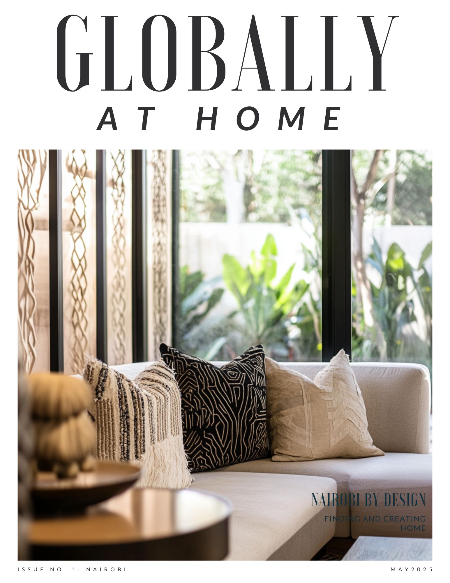 A cozy, stylish seating area featuring a cream sofa adorned with patterned throw pillows in a modern living room, framed by large windows with lush greenery visible outside.