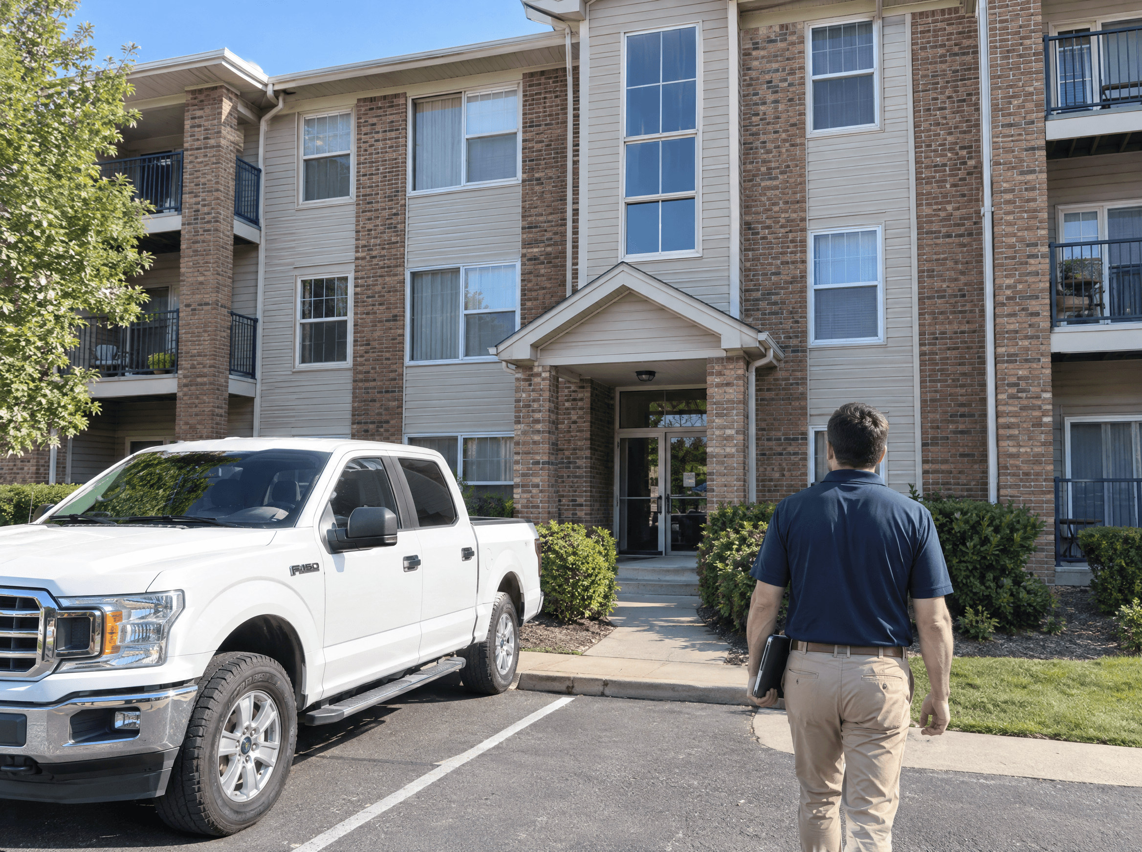 Inspector arriving at an apartment building