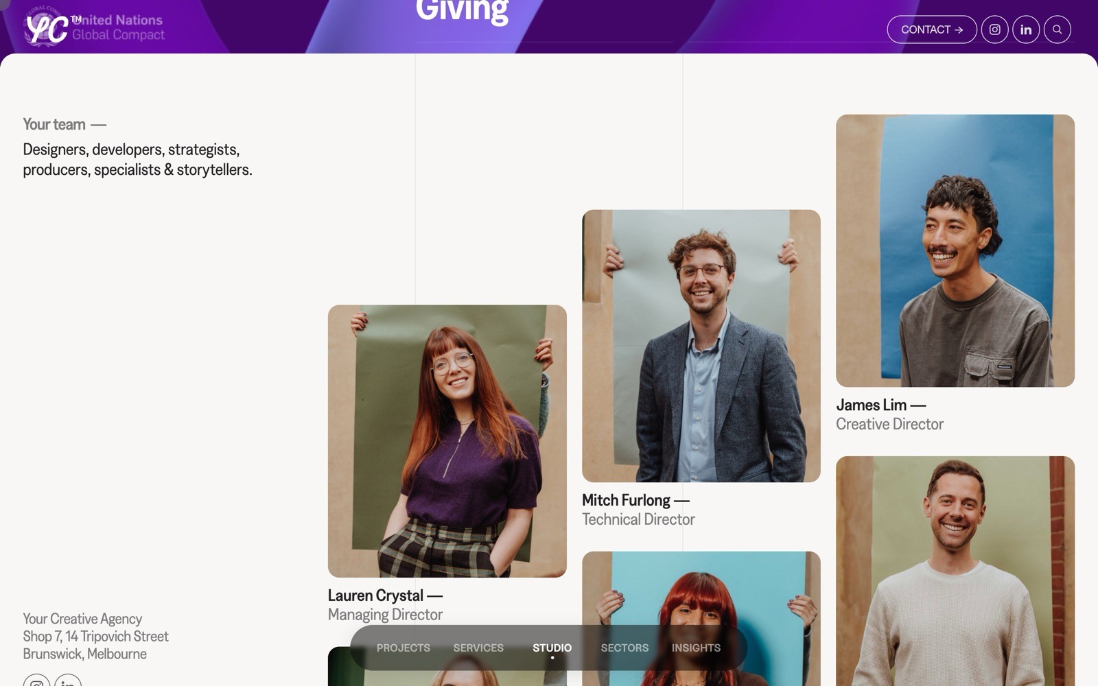 Purple header with "Giving." Profiles of Lauren Crystal, Mitch Furlong, and James Lim against colorful backgrounds. Contact info below.