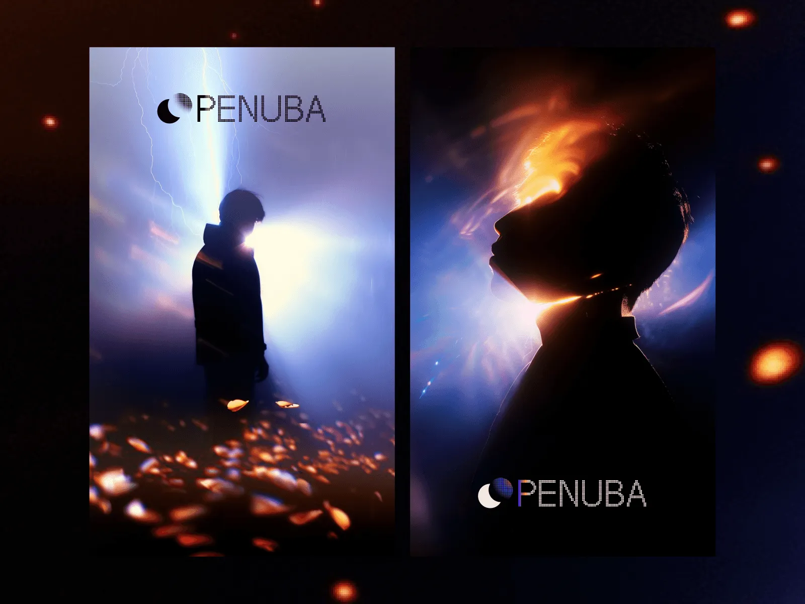 Two posters featuring silhouette figures against a dramatic, light-filled background with sparkles and shadows.
