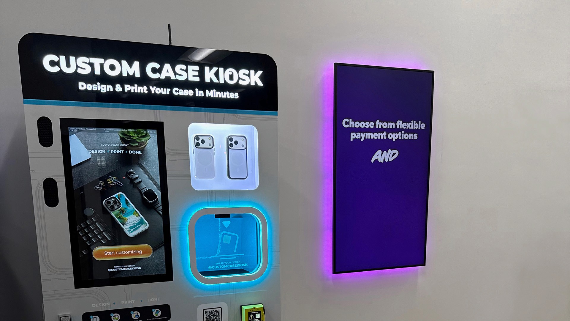 Custom Case Kiosk in Detroit, MI at 20011 Plymouth Rd, offering fast personalized phone case printing in minutes.