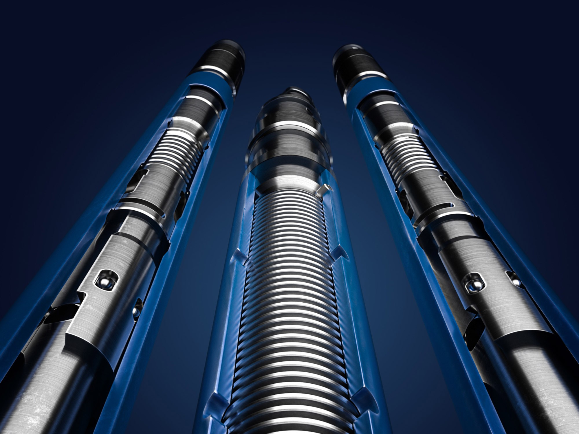 3D renders of energy industry tools on a blue background