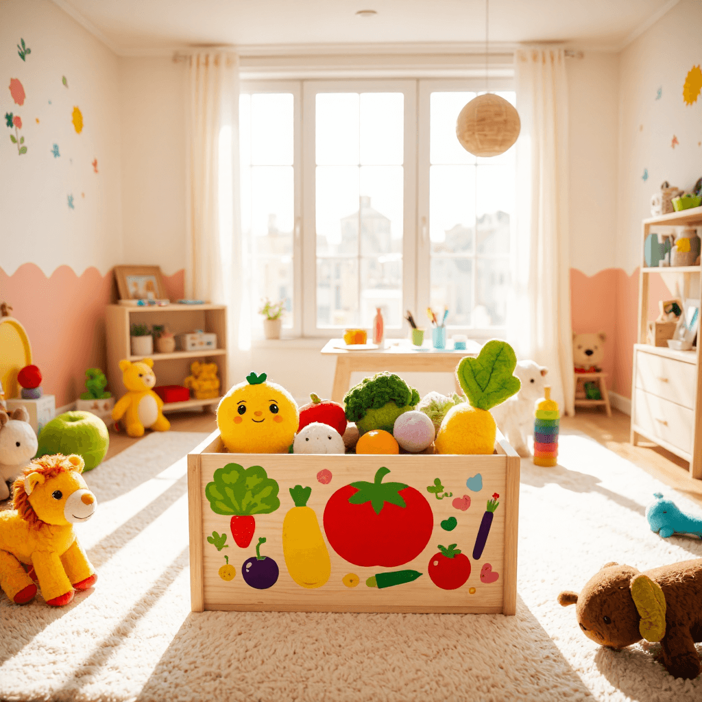 product photography of wooden toy box of vegetables and fruits