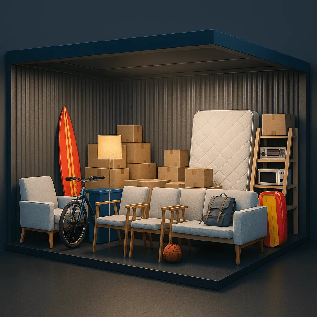 Illustration of household furniture inside a 10x15 storage unit