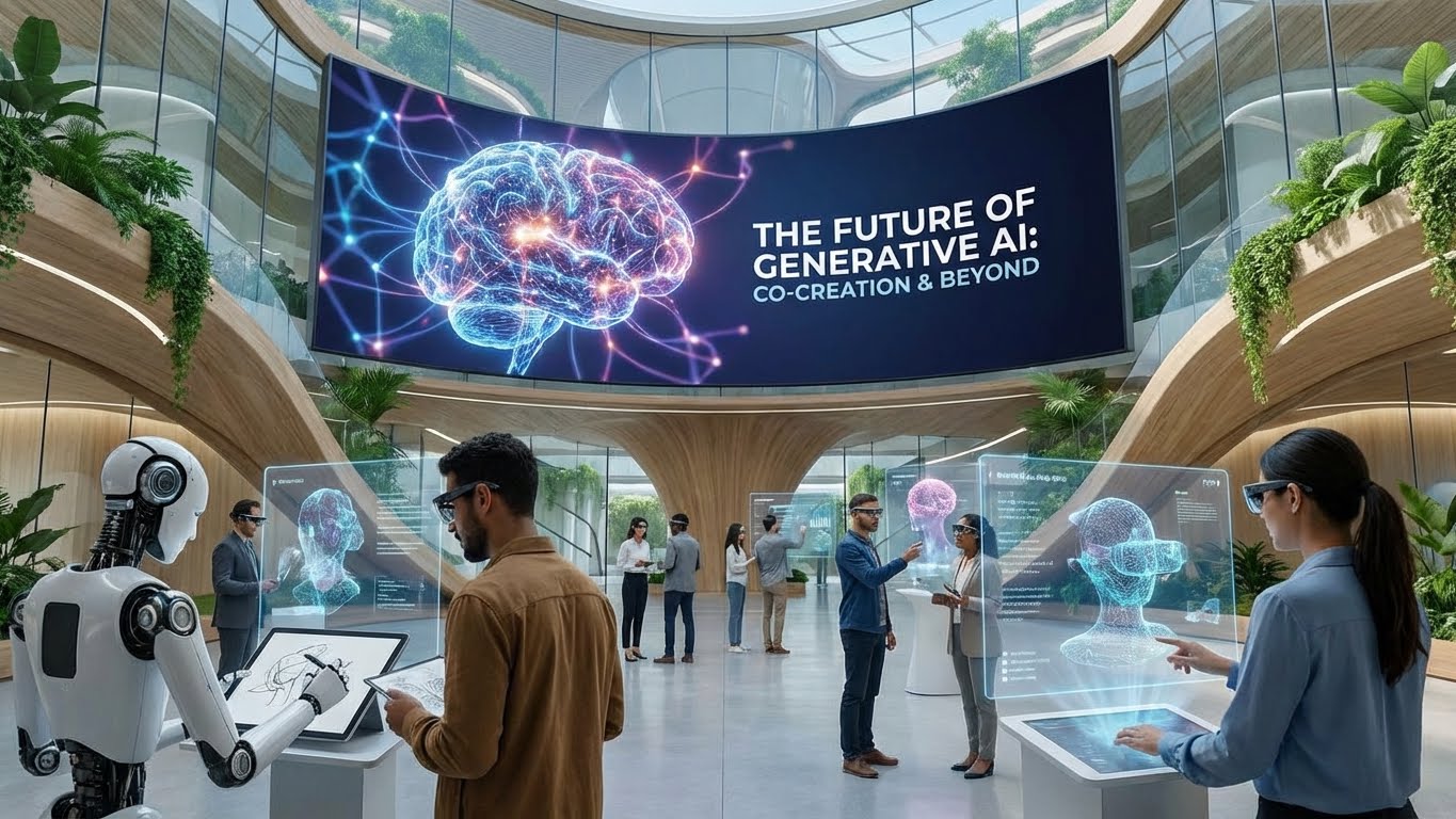 Future of generative AI showing human and AI collaboration, co-creation, and advanced artificial intelligence innovation